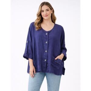 FOCUS CASUAL LIFE 100% Linen Top Plum Purple Button Front Oversized NWT | Large